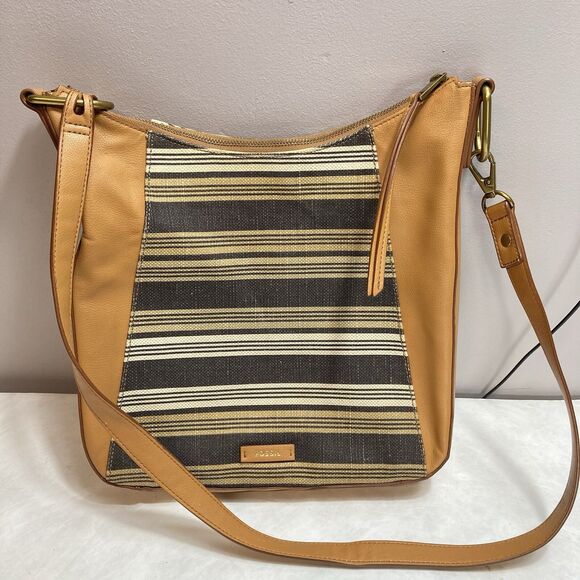 Fossil Talia Hobo Shoulder Bag Crossbody Purse Tan Stripe SHB2778558 Retail $228 - Picture 1 of 14